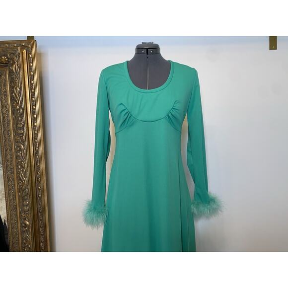 vintage 1960s 70s maxi dress emerald green long sleeve feather cuffs - Picture 2 of 9